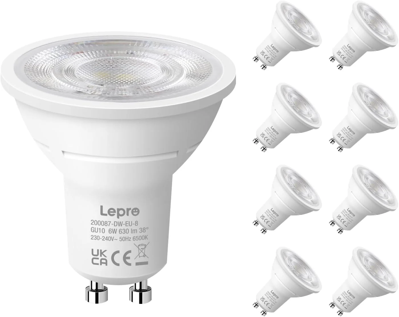 Lepro GU10 LED Bulbs, Cool White 6500K, 630LM, 6W (80W Equivalent), 38¡« Beam Angle, Energy Saving Spotlight Bulbs, Non-Dimmable, 8 Packs