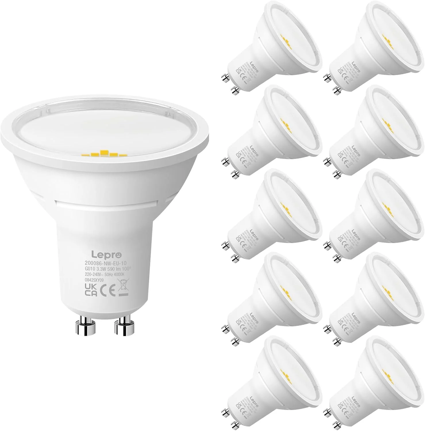 Lepro GU10 LED Bulbs, Neutral White 4000K, A Energy Class, 590LM, 3.3W (50W Equivalent), 100¡« Wide Beam Angle, 50000H Long Life, Energy Saving LED Spotlight Bulb, Non-Dimmable, Pack of 10