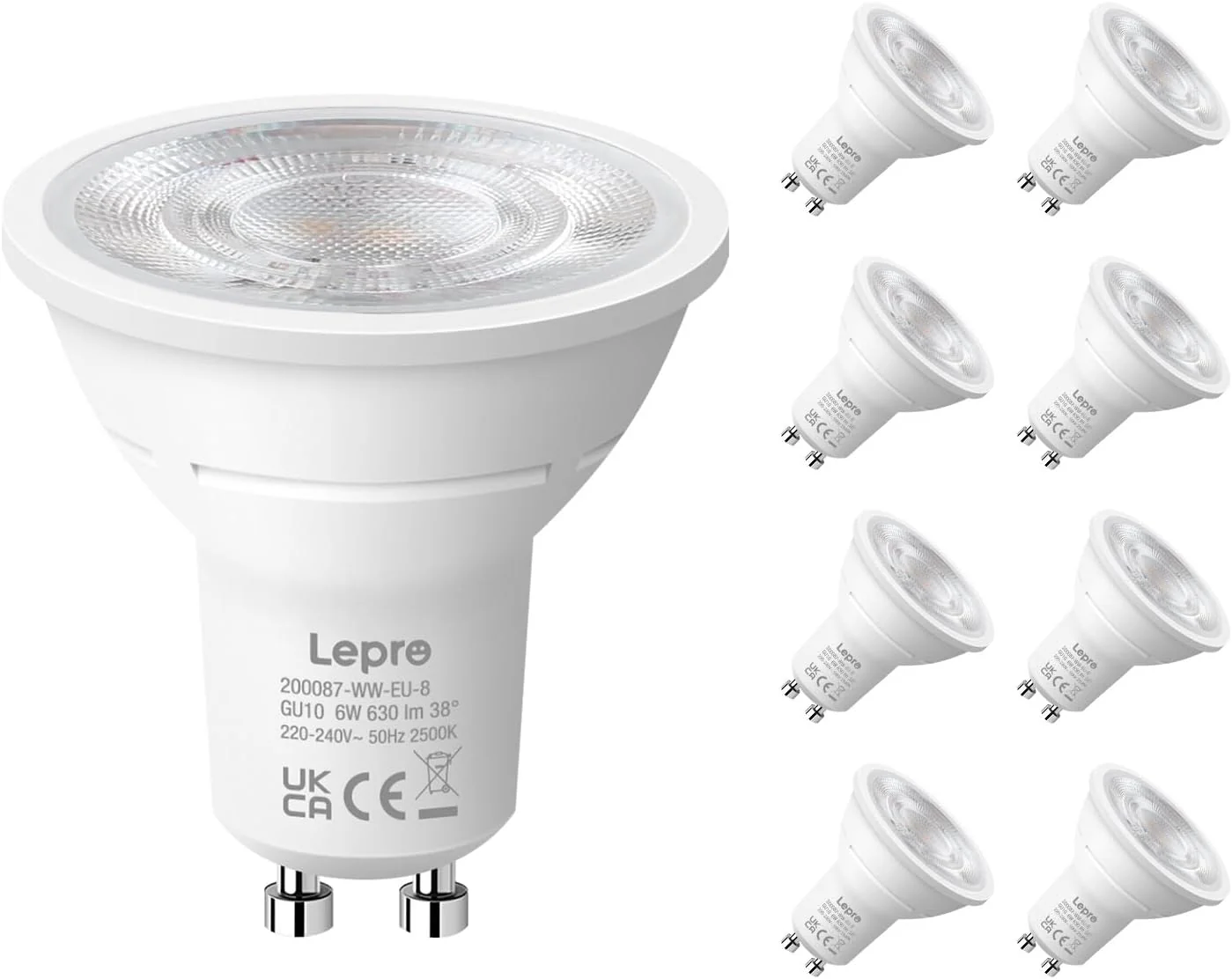 Lepro GU10 LED Bulbs, Warm White 2700K, 630LM, 6W (80W Equivalent), 38¡« Beam Angle, Energy Saving Spotlight Bulbs, Non-Dimmable, 8 Packs