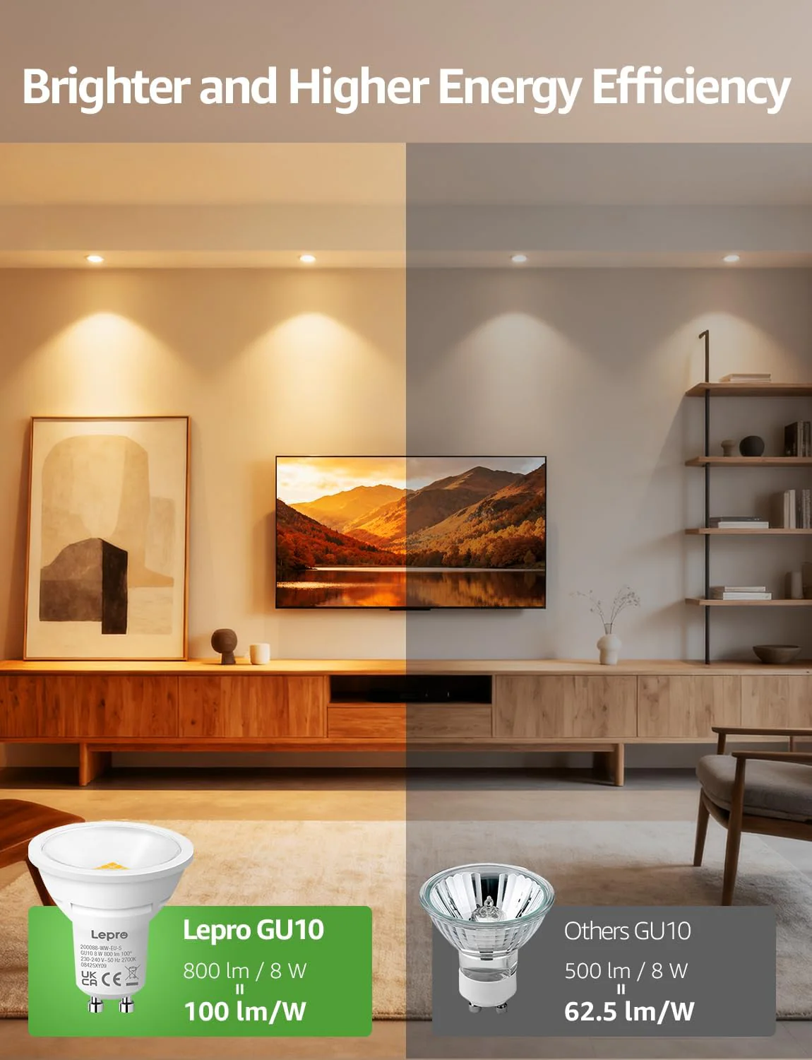 Lepro GU10 LED Bulbs, Warm White 2700K, 800LM Bright GU10 Lightbulbs, 8W (65W Equivalent), 100¡« Wide Beam Angle, Energy Saving LED Spotlight Bulbs, Non-Dimmable, Pack of 5 - Image 3