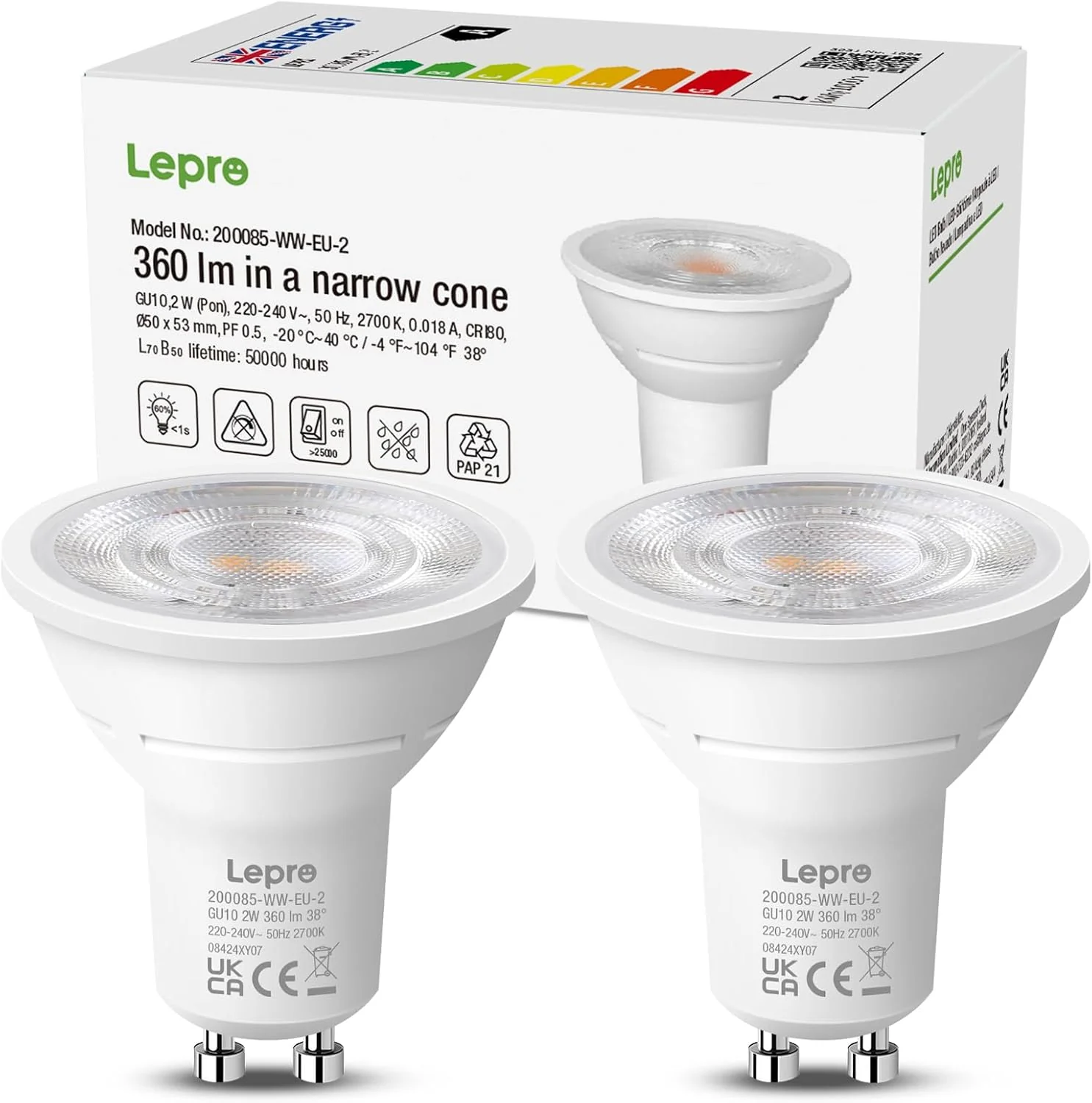 Lepro GU10 LED Bulbs, Warm White 2700K, A Energy Class, 360LM, 2W (50W Equivalent), 38¡« Beam Angle, 50000H Long Life, 96% Energy Saving Spotlight Bulb, Non-Dimmable, 2 Packs