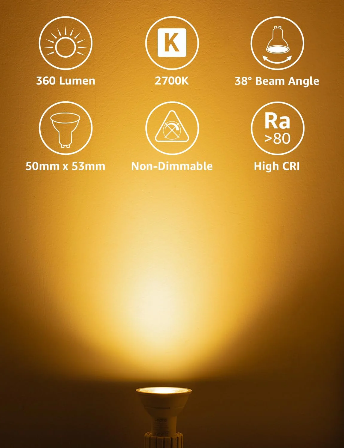Lepro GU10 LED Bulbs Warm White, A Energy Class, 360LM, 2W (50W Equivalent), 38¡« Beam Angle, 50000H Life Span, 96% Energy Saving Spotlight Bulb, Non-Dimmable, 4 Packs - Image 2