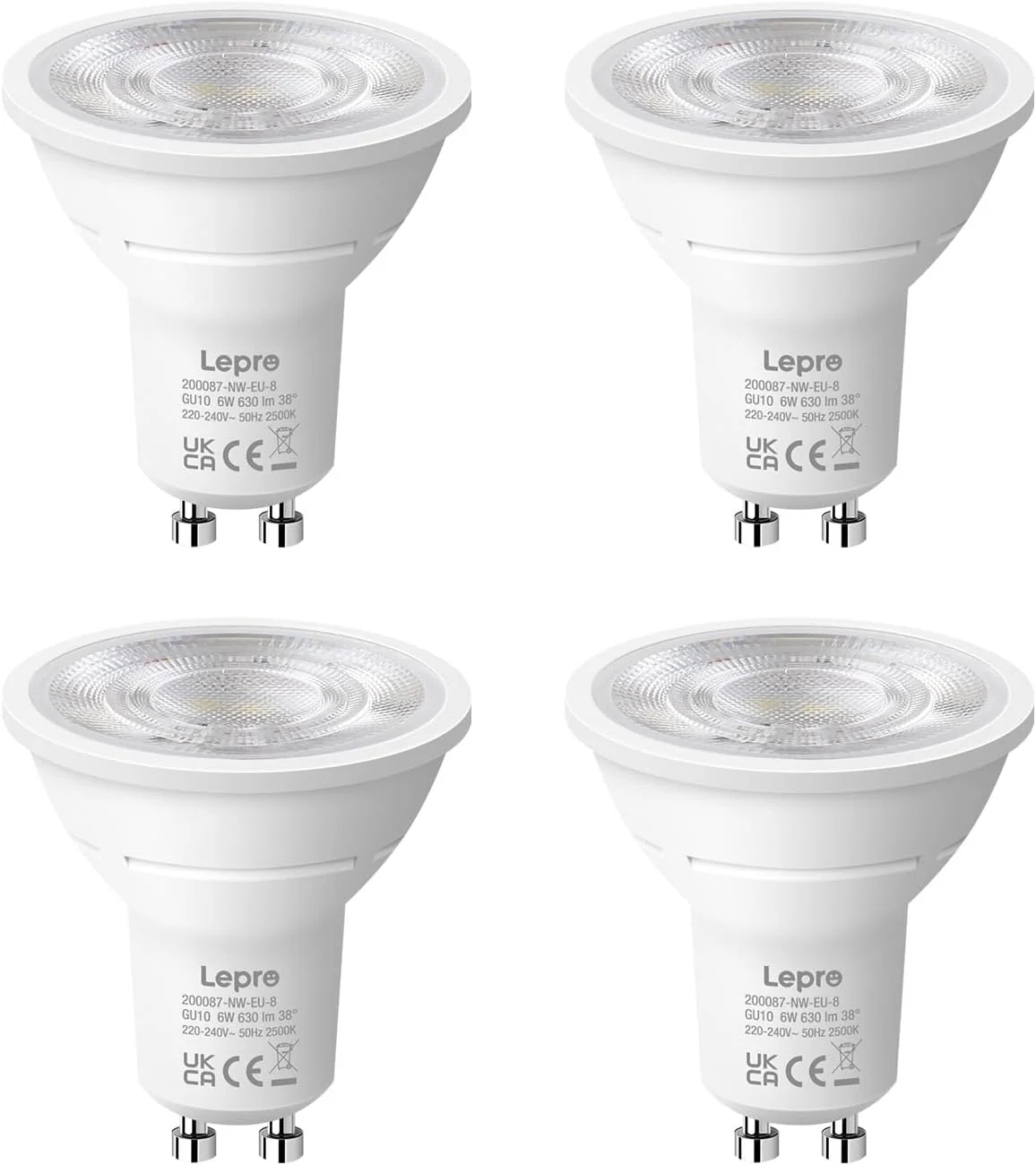 Lepro GU10 LED Spotlight Bulb, 630LM, 6W (80W Equivalent), Natural White 4000K, 38¡« Beam Angle, Energy Saving Light Bulbs, Non-Dimmable, 4 Packs