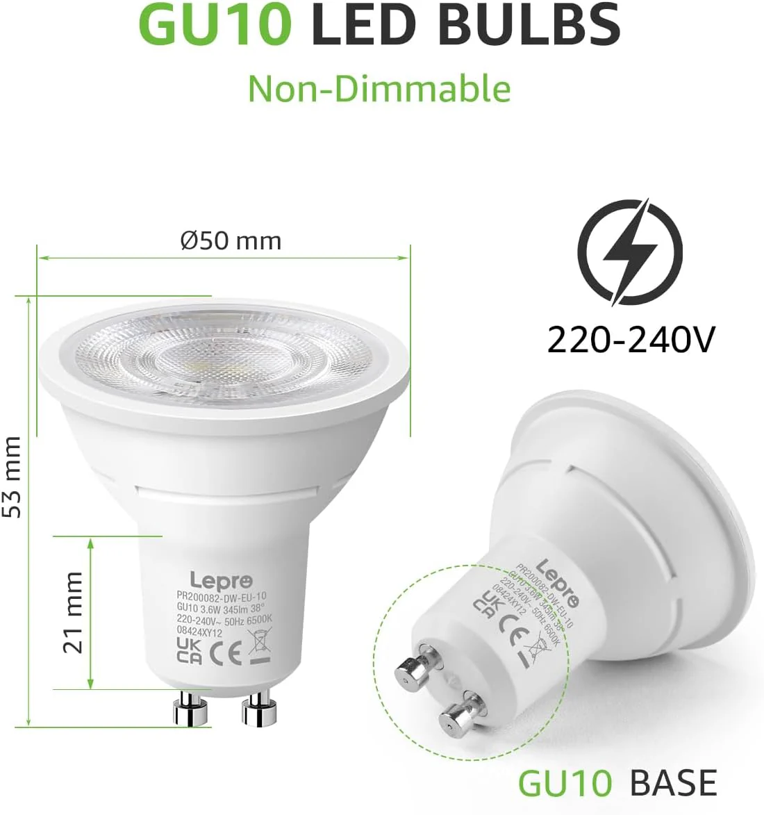 Lepro GU10 LED Spotlight Bulbs 3.6W, Cool White 6500K, 345lm, 50W Halogen Spot Light Bulbs Equivalent, Energy Saving GU10 Daylight Bulbs, No Flickering, Non-dimmable, Pack of 10 - Image 4