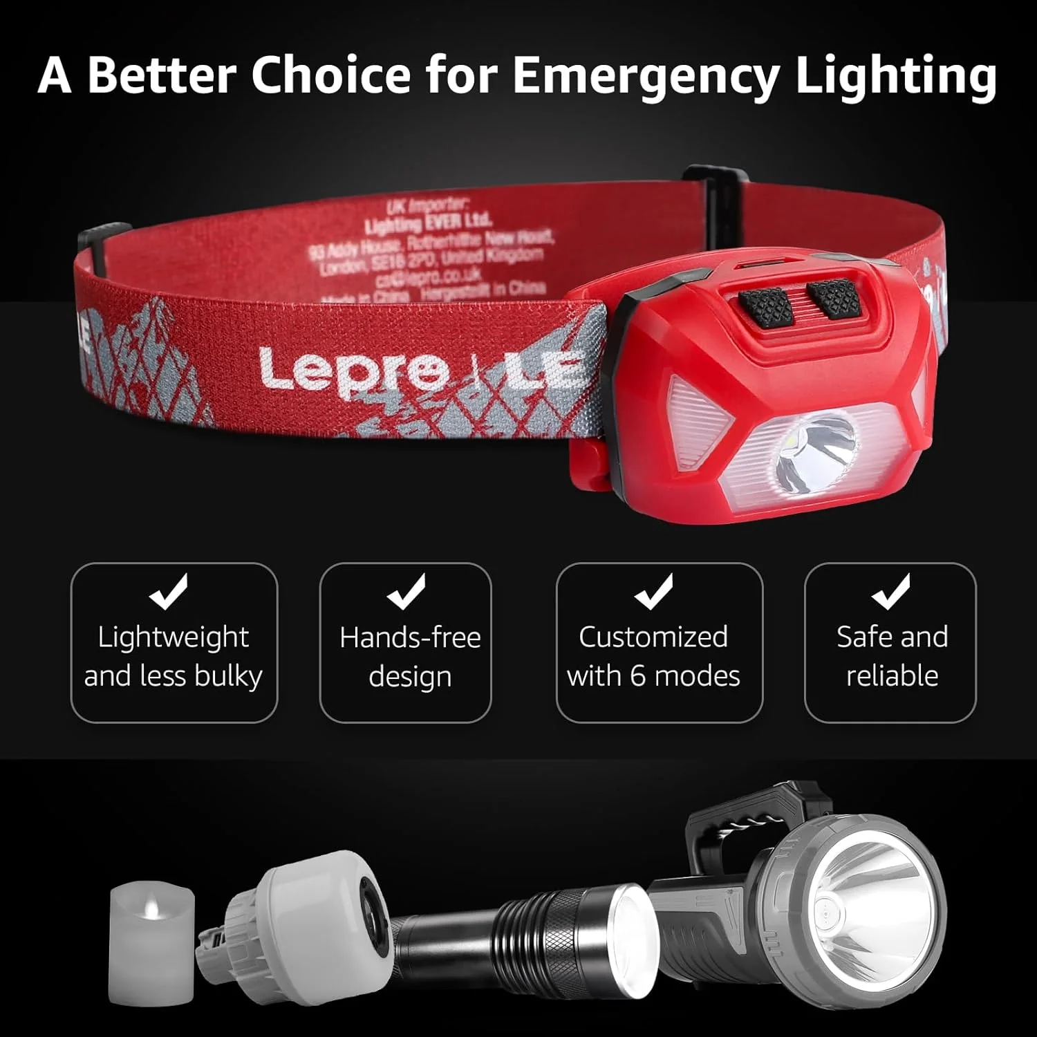 Lepro Head Torch, [2 Pack] Super Bright LED Headlamp with 6 Lighting Modes, Waterproof, Battery Powered LED Lightweight Headlight for Cycling Running Camping for Kids Adults [Not Included Battery] - Image 7