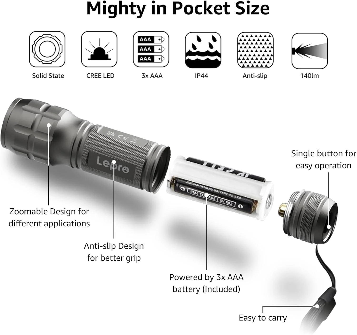 Lepro LE LED Torch Battery Powered, LE1000 Hand Flashlight, Adjustable Focus, Water Resistant, Lightweight, for Power Cut, Camping, Dog Walking, Easy to Use Small Torch, Gift for Kids Men Dad, 2 Packs - Image 6