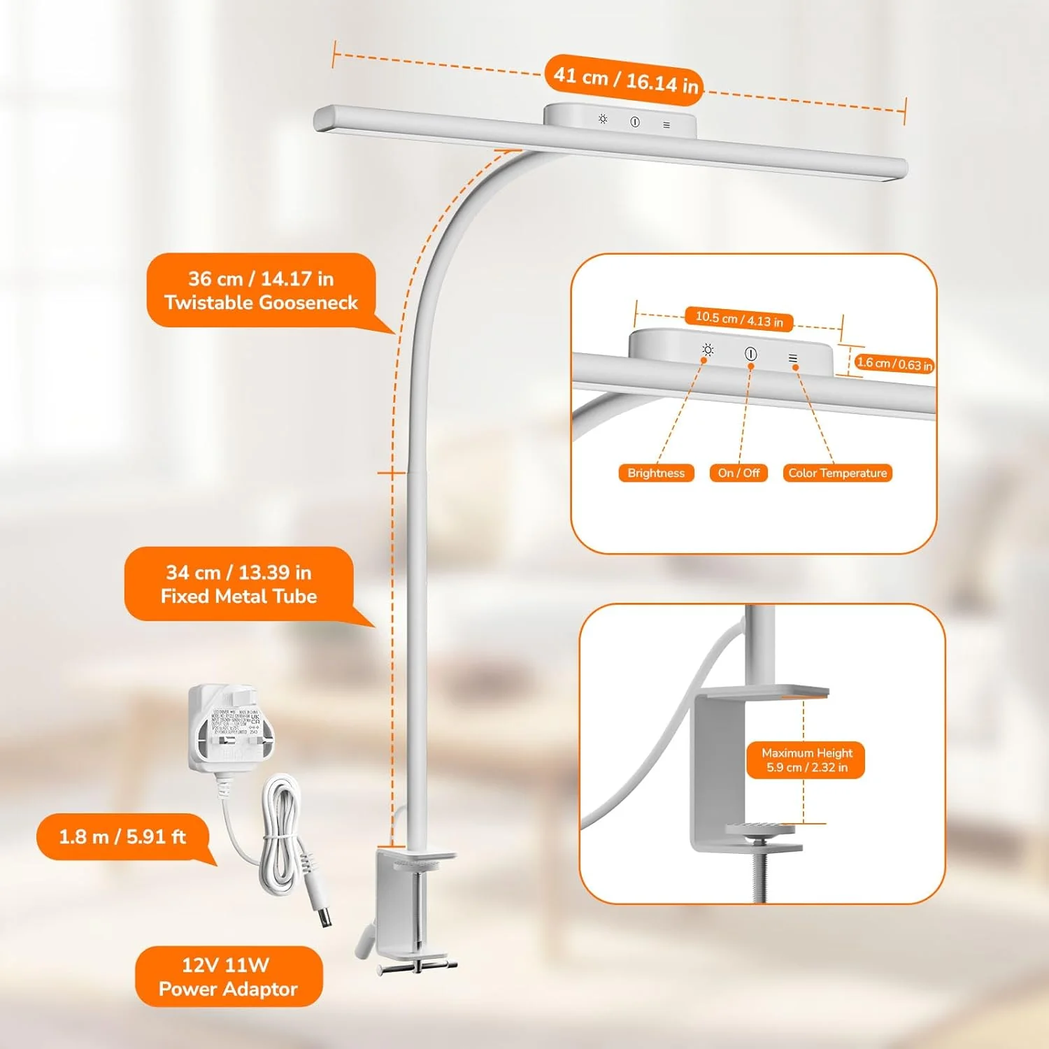 Lepro LED Desk Lamp with Clamp, Eye-Caring Desk Light, 750lm, 5 Brightness Levels & 5 Colour Modes, Flexible Office Lamp for Monitor, Reading, Crafts, Nails, School, Adapter Included, White [Energy Class F] - Image 6