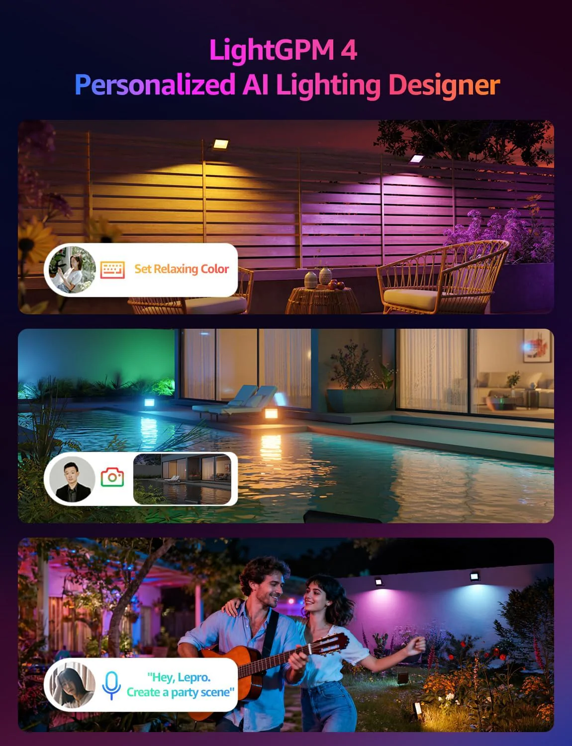 Lepro Led Flood Light Outdoor 50w, Colour Changing Floodlight App Control, 16M Colors DIY, LightGPM AI Mode, Music Sync, Voice Control with Alexa&Google, Timer, IP65 Waterproof for Outdoor Decoration - Image 2