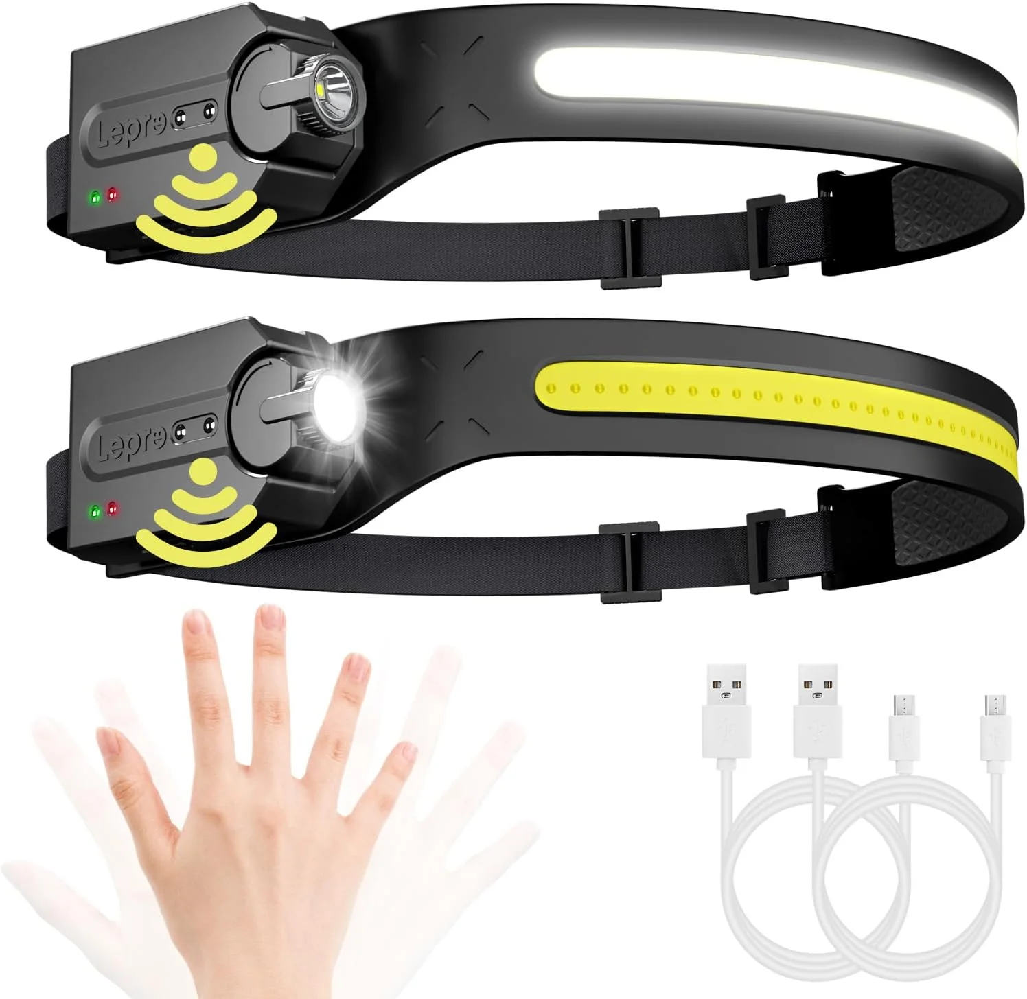 Lepro Led Head Torch Rechargeable, 2 Pack Super Bright Headlamp Flashlight 230¡«Wide Beam with Adjustable Spotlight, Motion Sensor, Waterproof Lightweight Headlight for Camping, Cycling, Running, Night