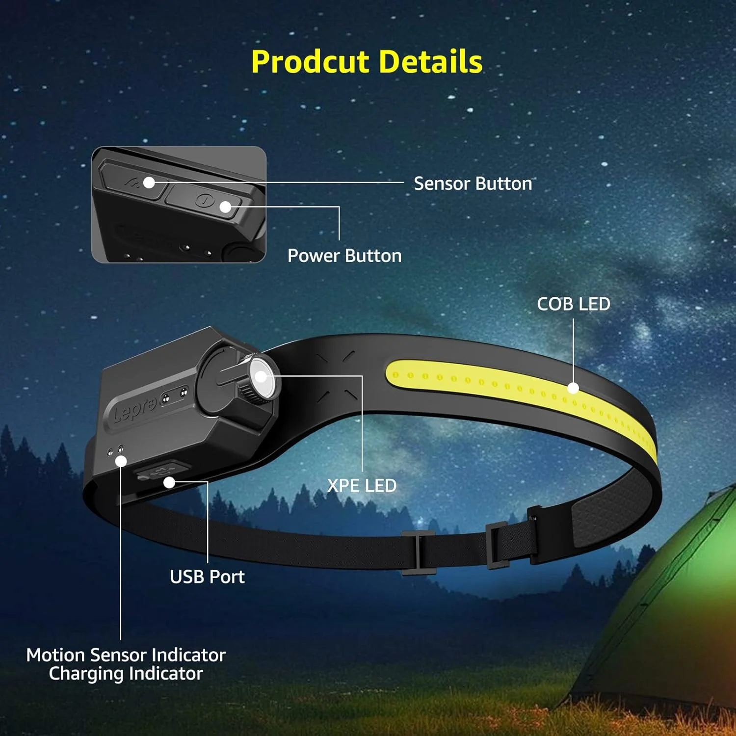 Lepro Led Head Torch Rechargeable, Super Bright Headlamp Flashlight 230¡«Wide Beam with Adjustable Spotlight, Motion Sensor, Waterproof Lightweight Headlight for Camping, Running, Cycling - Image 8