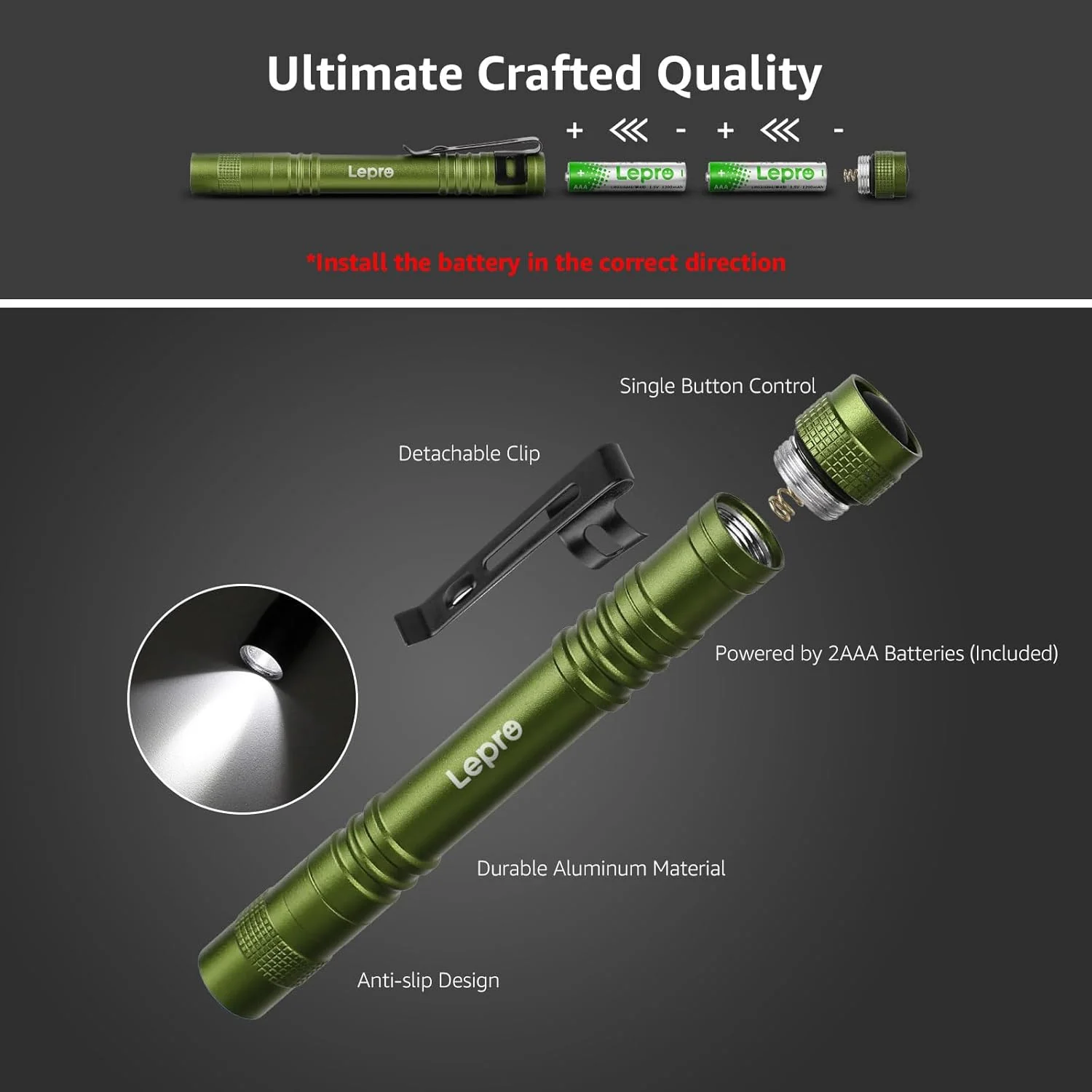 Lepro LED Torch Battery Powered, 2 Pack Pen Torch with Clip - Small Flightlight, 3 Modes, IP44 Waterproof for Camping, Emergencies, Repairs, Dog Walking, Power Cuts (Batteries Included), Green [Energy Class A] - Image 4