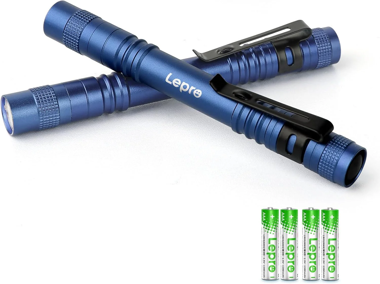 Lepro LED Torch Battery Powered, 2 Pack Pen Torch with Clip - Small Flightlight, 3 Modes, IP44 Waterproof for Inspection, Work, Repair and Nurses (Batteries Included), Blue