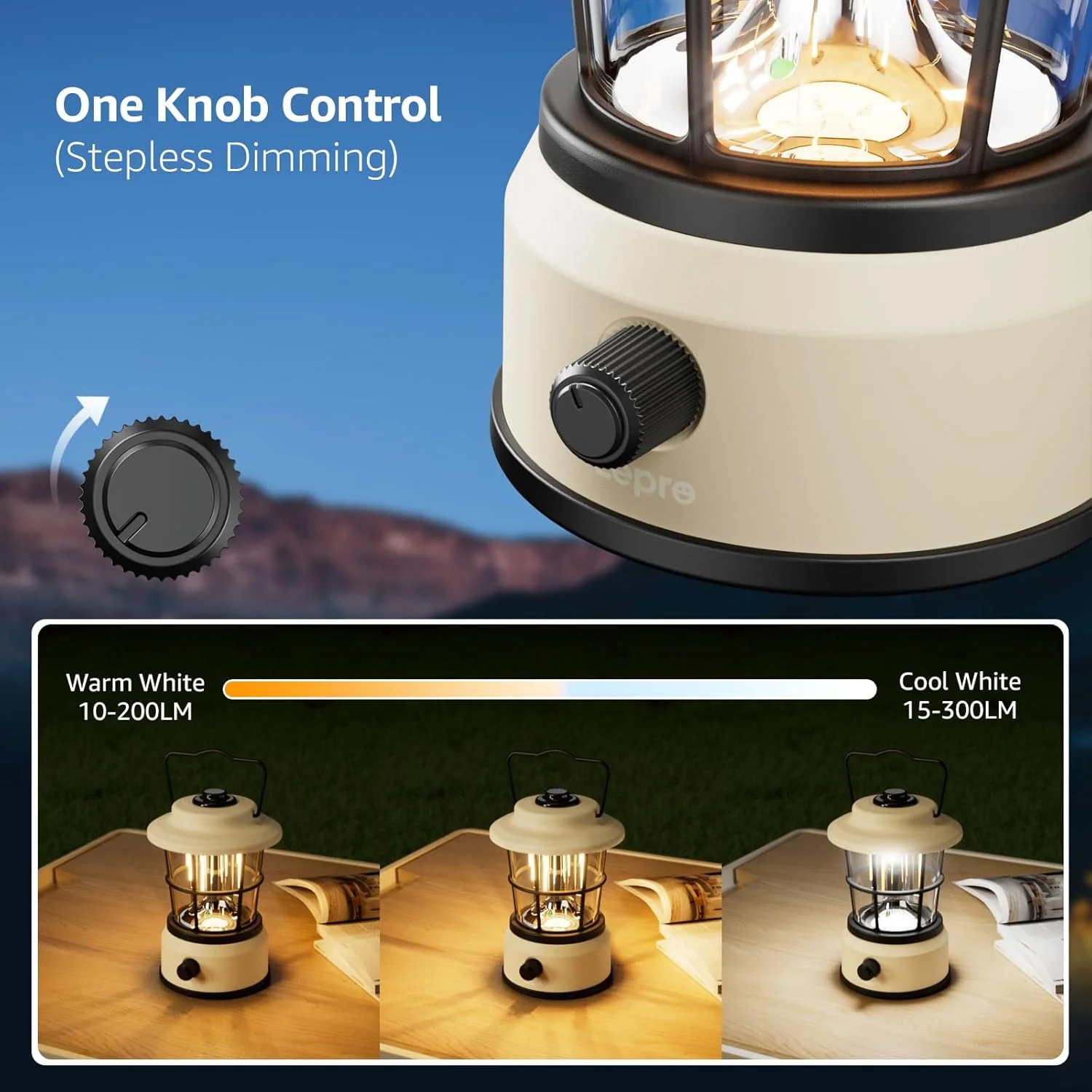 Lepro Rechargeable Camping Lantern, 300LM Retro Camping Tent Light with Knob Control, Dimmable Warm & Cool White, Type-C Charging, 3600mAh Portable Hanging Lamp for Power Cuts, Garden, Fishing, White - Image 3