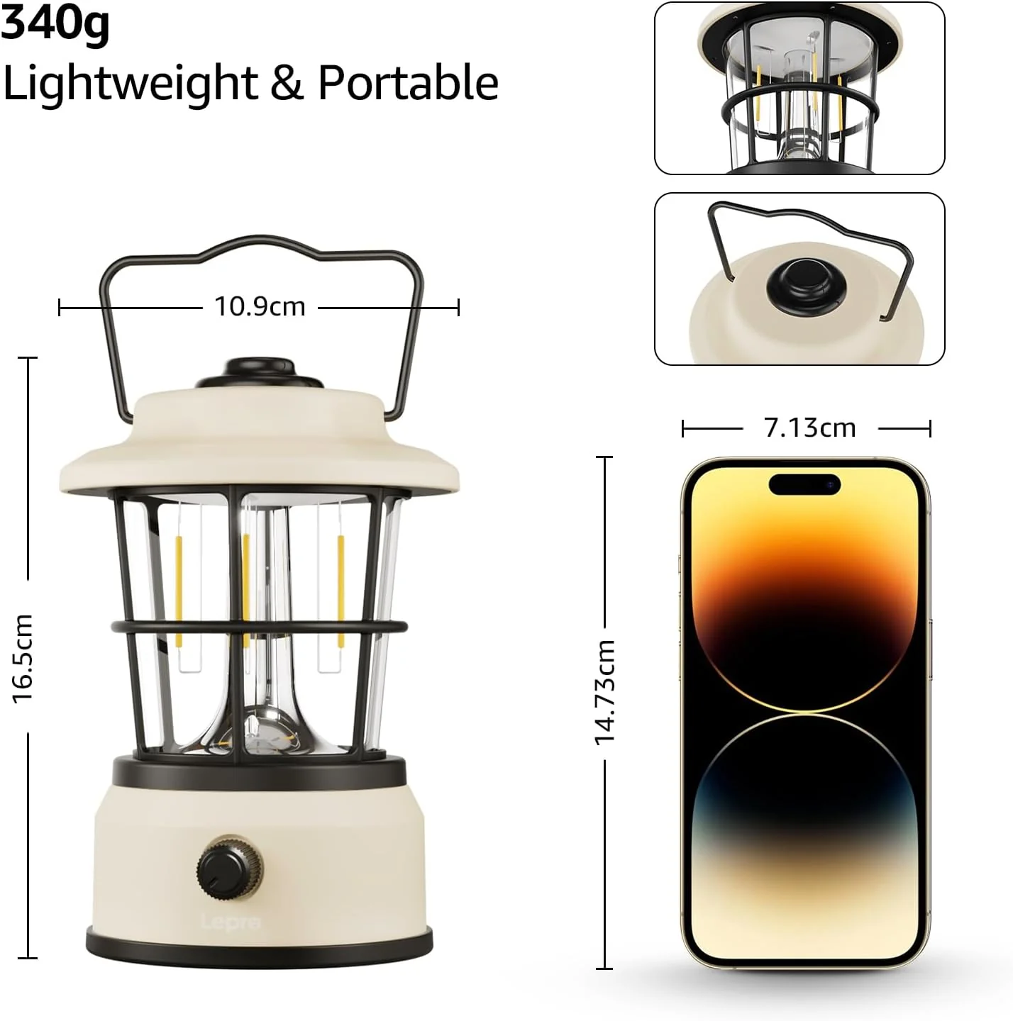 Lepro Rechargeable Camping Lantern, 300LM Retro Camping Tent Light with Knob Control, Dimmable Warm & Cool White, Type-C Charging, 3600mAh Portable Hanging Lamp for Power Cuts, Garden, Fishing, White - Image 6