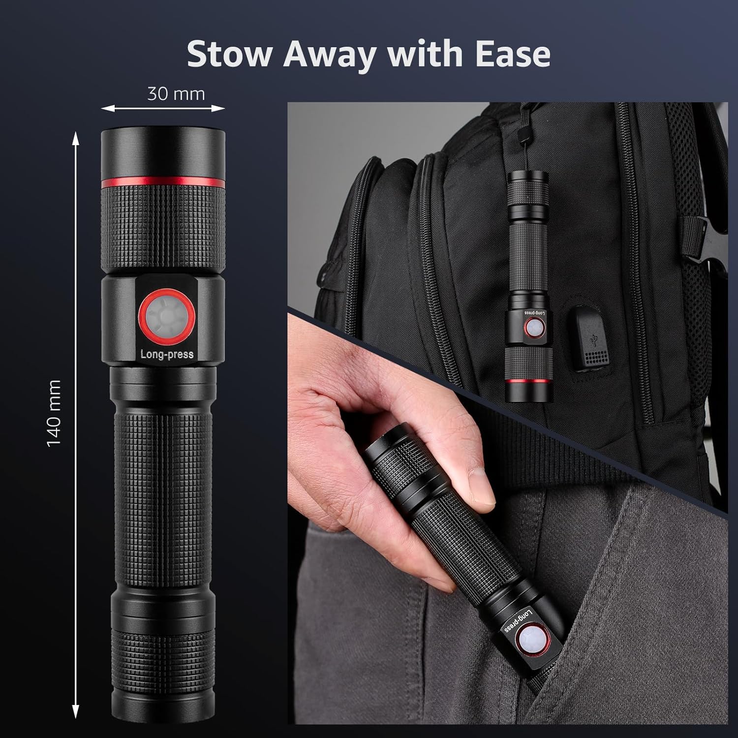 Lepro Rechargeable Torch, 2 Pack Super Bright LED Flashlight, 150m Beam, Long Battery Life, IPX4 Waterproof, 5 Modes, Adjustable Focus, Pocket Sized for Camping, Hiking, Power Cuts, Dog Walking - Image 7