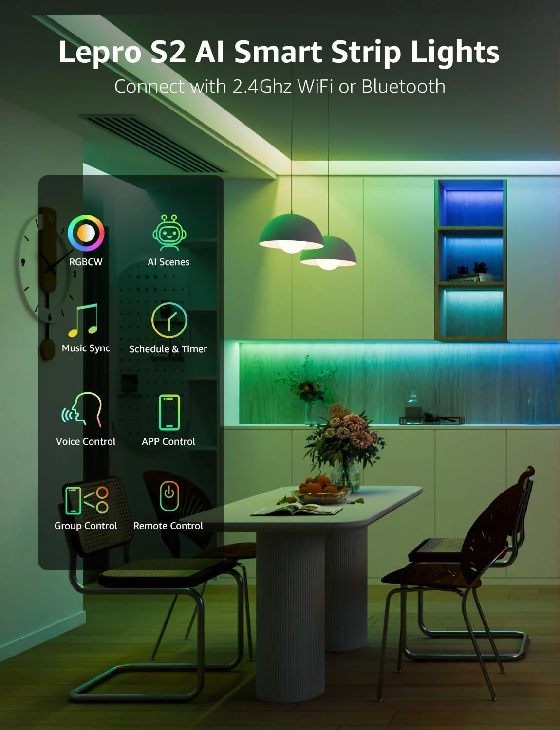 Lepro S2 AI Smart LED Strip Light 10M RGBW+IC, Works with Alexa, Google Assistant, Music Sync, 2400LM White Light, Personalized AI Lighting Designer, Zonal Colour Control LED Lights, App Voice Control - Image 9