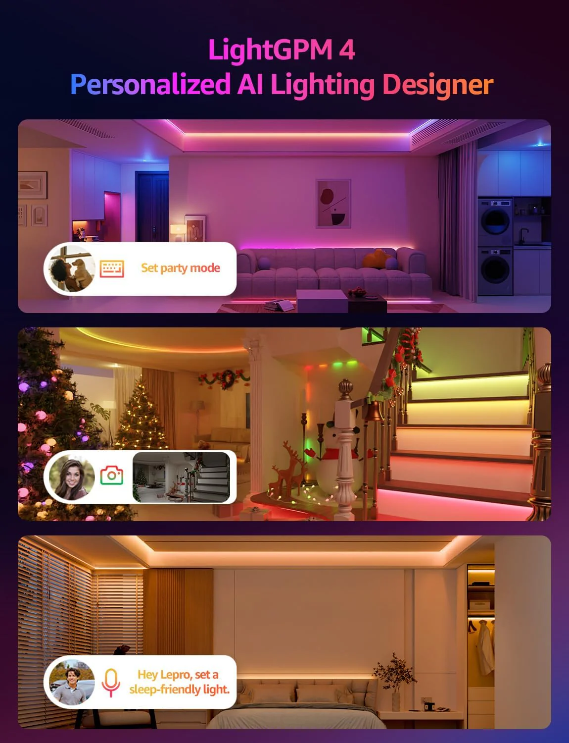 Lepro S2 AI Smart LED Strip Light 5M RGBW+IC, Works with Alexa, Google Assistant, Music Sync, 1200LM White Light, Personalized AI Lighting Designer, Zonal Colour Control LED Lights, App Voice Control - Image 2