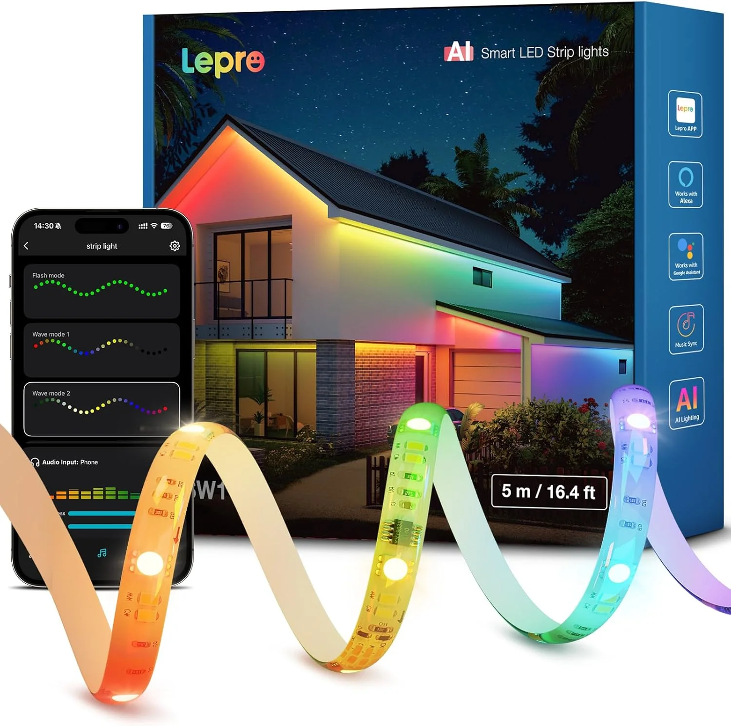 Lepro SW1 AI Smart Outdoor Lights 5M RGBW+IC, IP65 Waterproof LED Strip, Warm to Cool White, DIY Colour, Work with Alexa & Google Assistant, Music Sync, Timer, App & Voice Control
