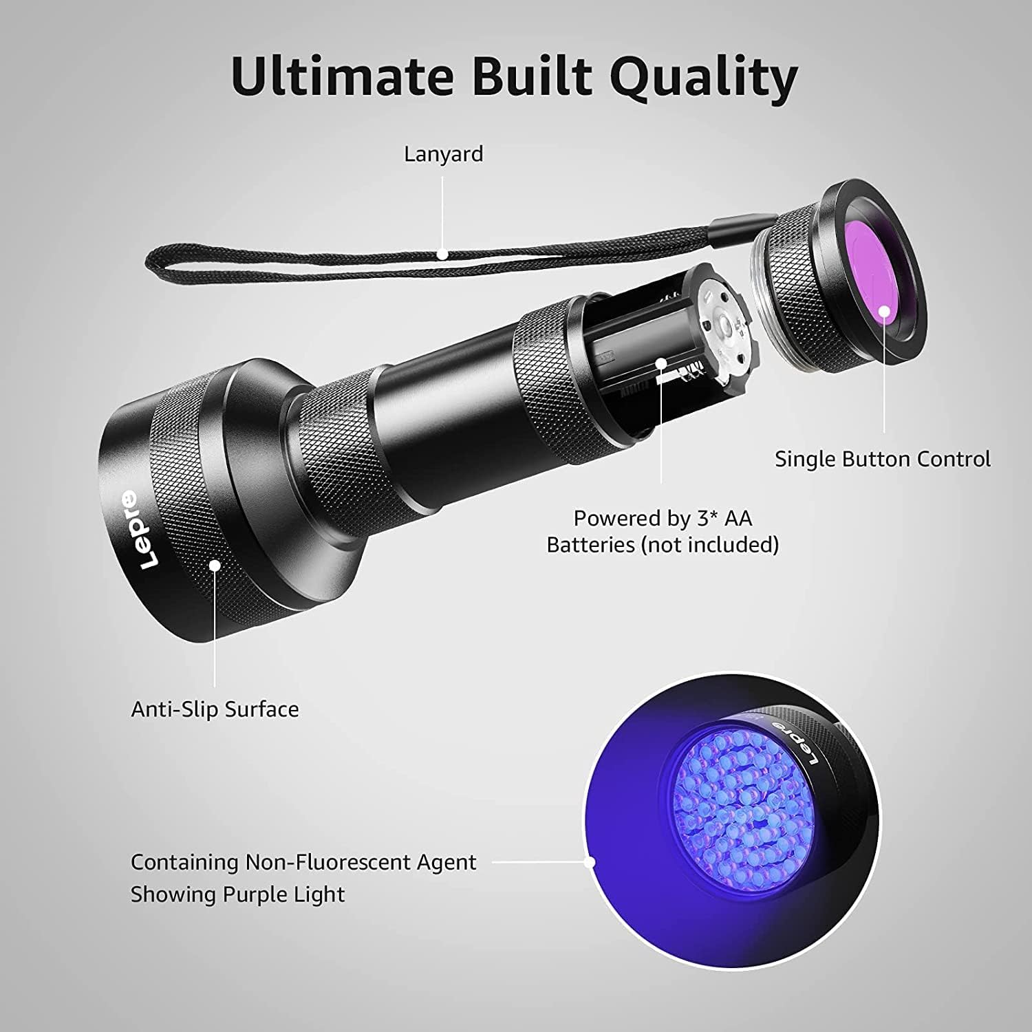 Lepro 51 LED UV Light Torch, 395nm Ultraviolet Flashlight, Blacklight Detector for Pet Urine, Stain, Bed Bugs, Banknote and More - Image 2