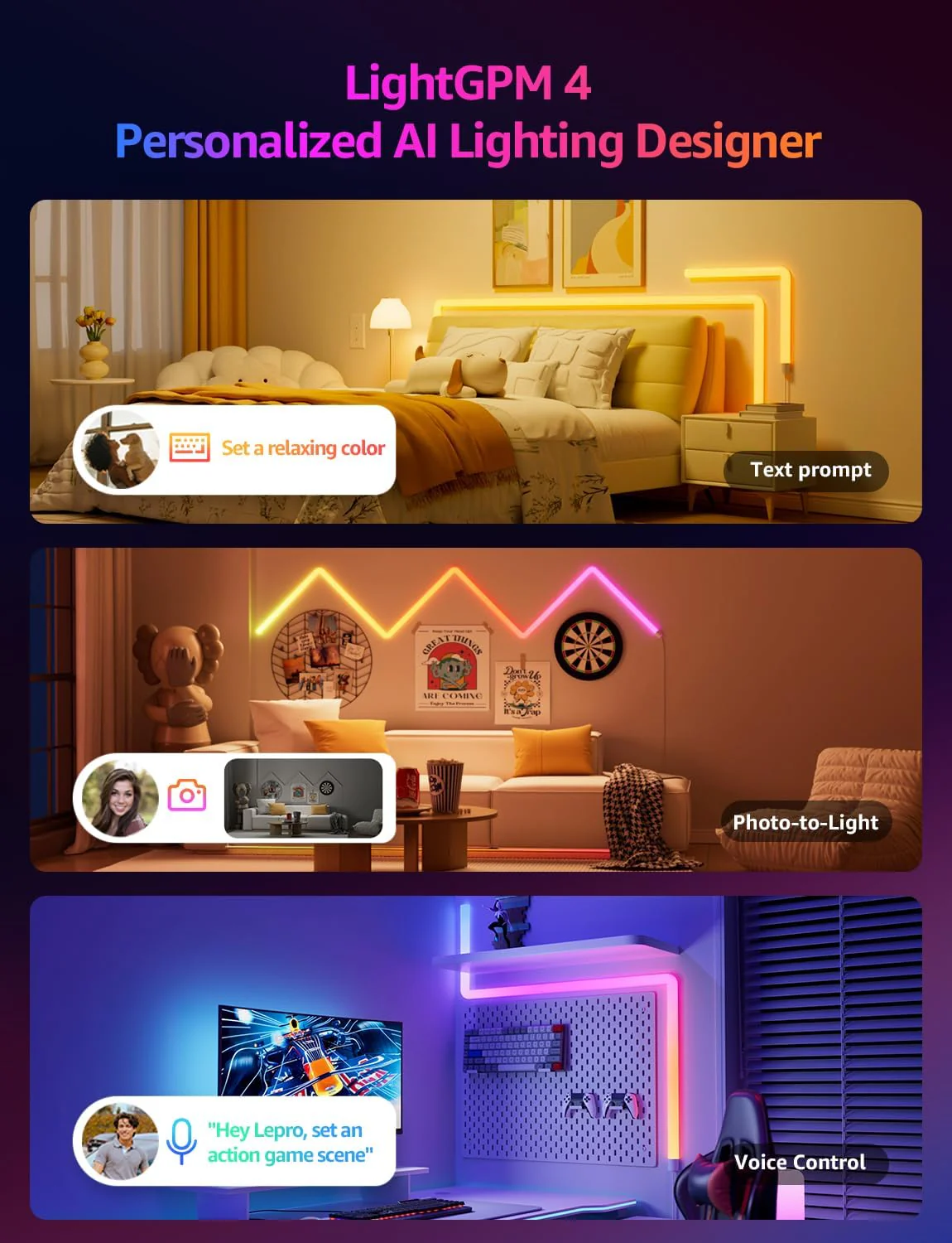 Lepro WL1 AI Smart Wall Light, Music Sync RGB Light Bar, Voice Control, AI Lighting Design Assistant, Mood Light for Home Decor, Gaming Light, Work with Alexa, Google Assistant,6 Pcs with 4 Corners - Image 2