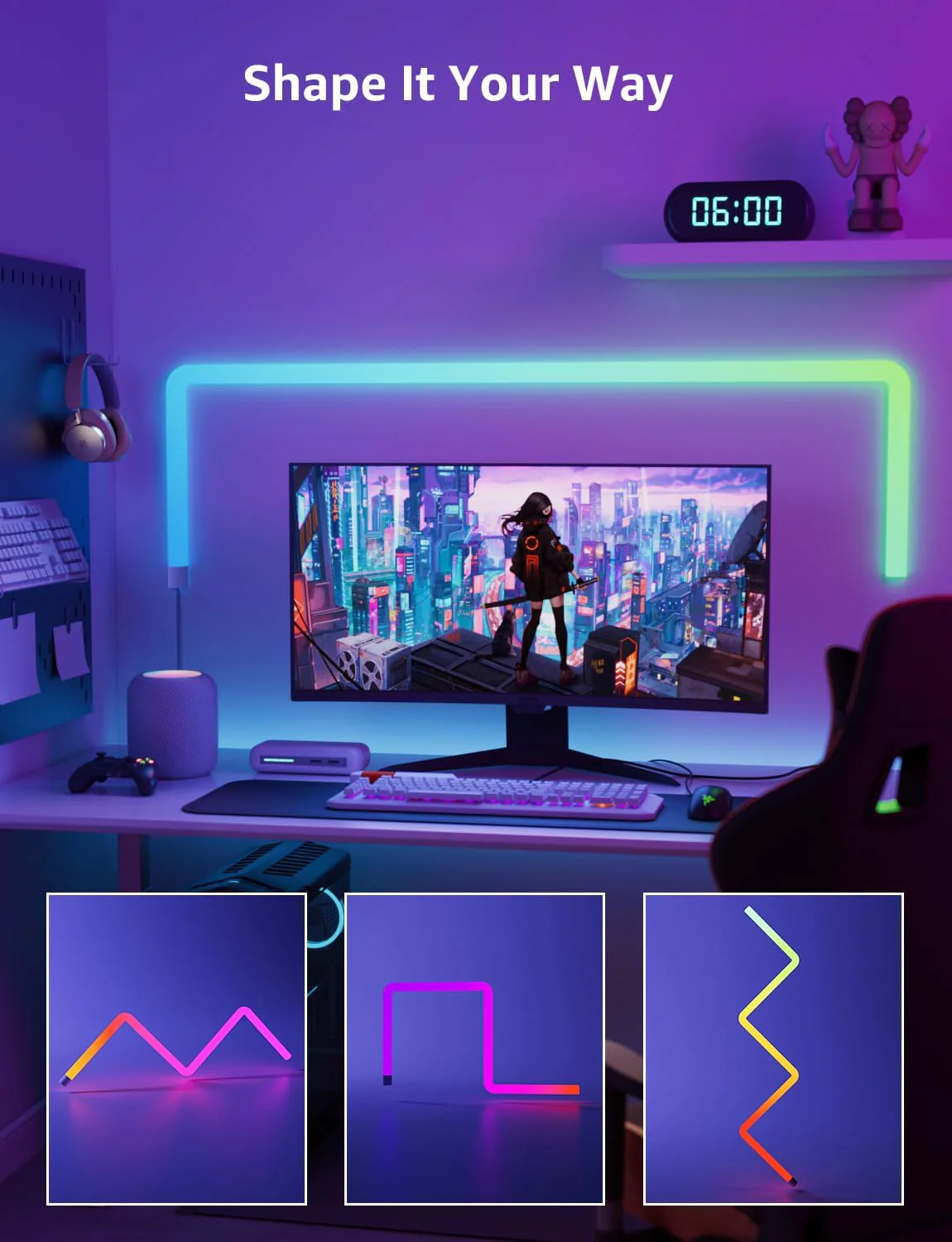 Lepro WL1 AI Smart Wall Light, Music Sync RGB Light Bar, Voice Control, AI Lighting Design Assistant, Mood Light for Home Decor, Gaming Light, Work with Alexa, Google Assistant,6 Pcs with 4 Corners - Image 8