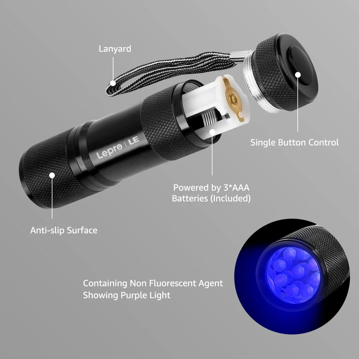 Lighting EVER Lepro LE UV Torch, 9 LED 395nm Ultraviolet Flashlight, Blacklight Detector for Pet Urine, Stain, Bed Bugs and More, 6 AAA Batteries Included - Image 7