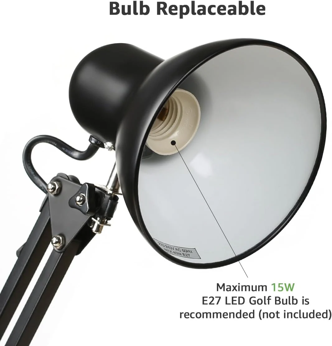 Lepro LED Desk Lamp, Clamp on Swing Arm Table Lamp, E27 Bulb Holder, Classical Swing Arm Architect Lamp, Flexible Desk Light for Office, Reading, Bedside, Crafts, Painting, Back to School and More… - Image 3